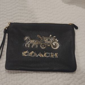 Coach Black Pebbled Leather Large Pouch Wristlet Chelsea Champlain